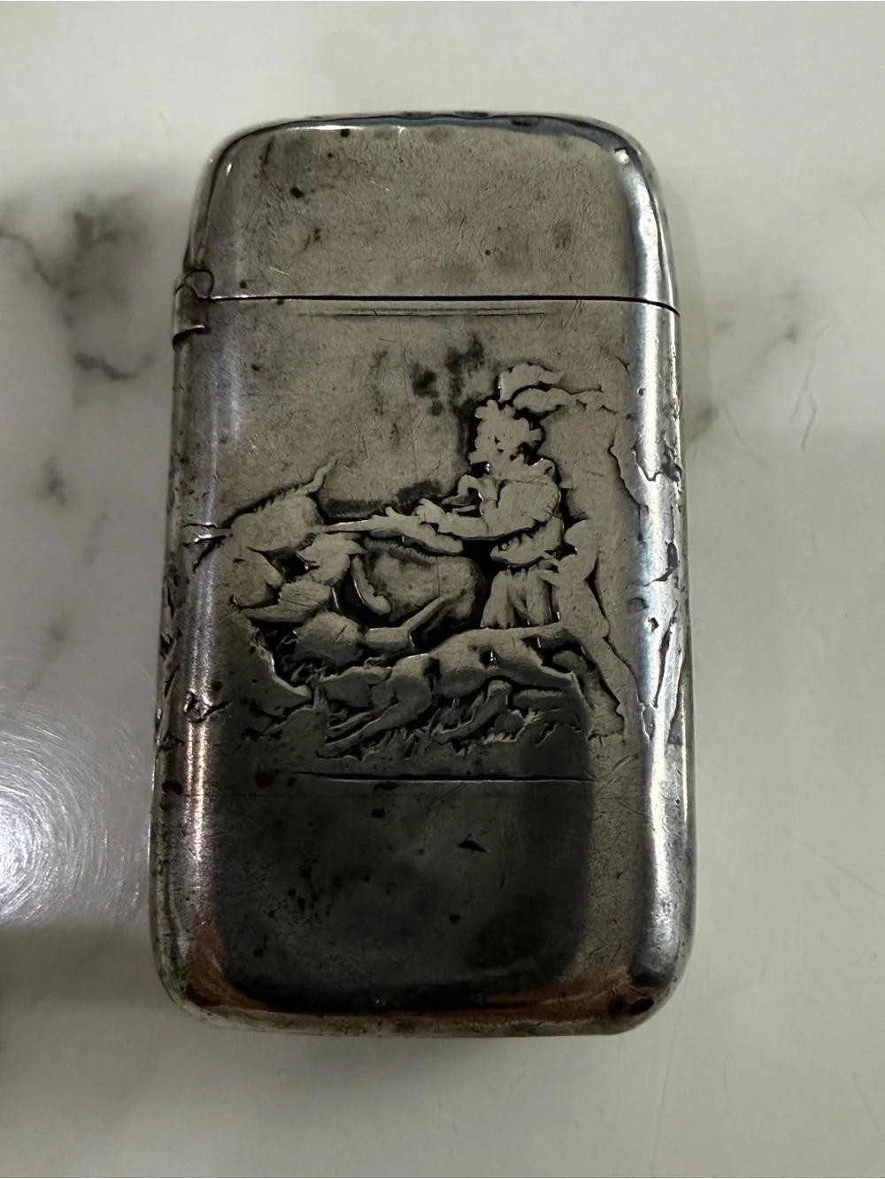 Antique Gorham Sterling Silver matchsafe Vesta c 1884 acid etched horse hunt fox